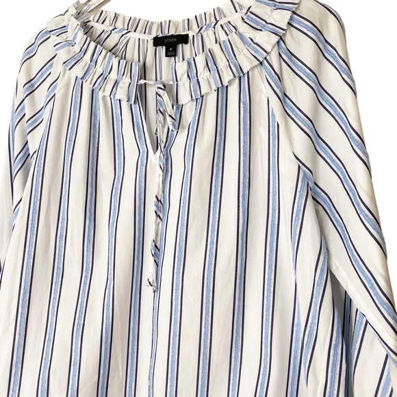 J Crew Blue White Striped Ruffle Peasant Blouse Medium - Picture 2 of 6